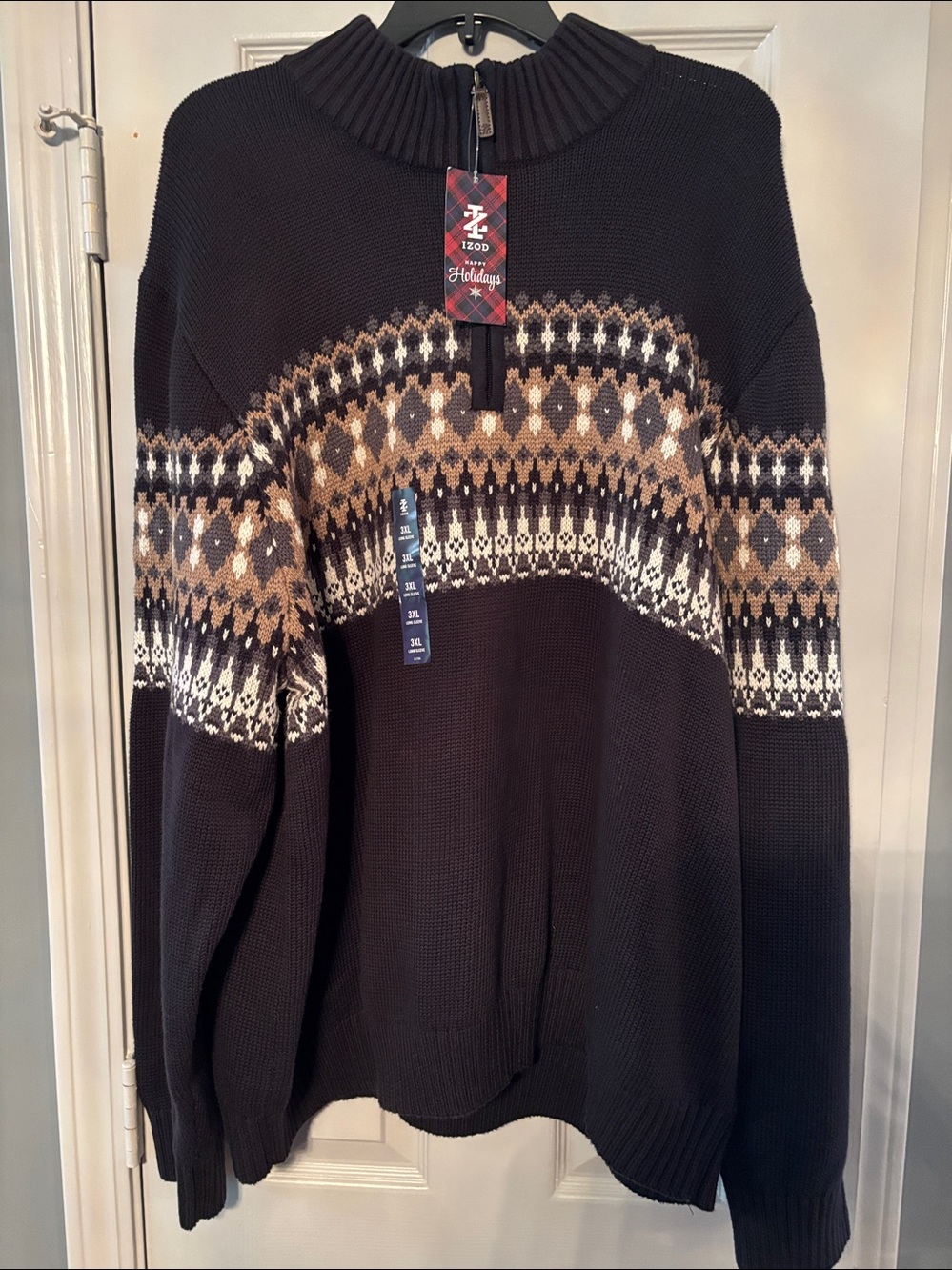 Izod Black Fair Isle Quarter Zip Sweater with Gold and Gray Pattern NWT